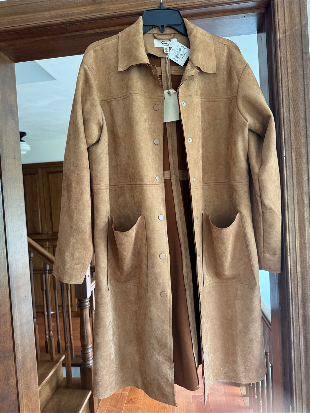 Women's Faux Suede Long Trench Coat - Tan